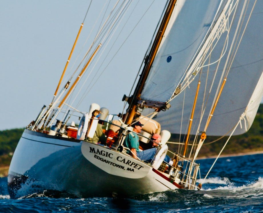 Magic Carpet sailing towards Cape Poge out of Edgartown Harbor, Martha's Vineyard